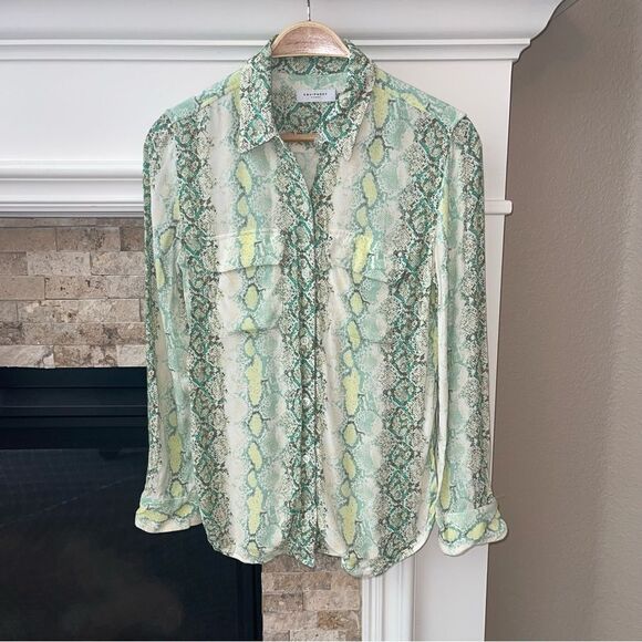 Equipment Tops - Equipment Green and Yellow Snake-Print Silk Shirt
